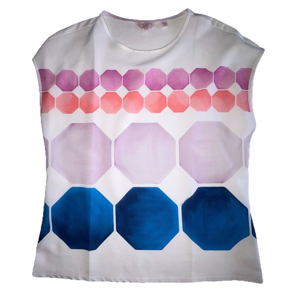 Ted Baker Rozey Top Geometric Jewel Print Mixed Media White Size 10 Boxy - Picture 8 of 12